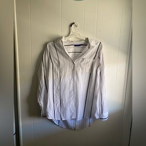 White and gray striped collared high low button up with pocket
